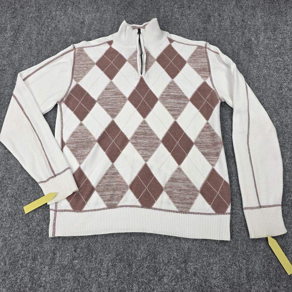 BKE Sweater Mens Large White Brown Argyle 1/4 Zip Mock Neck Cotton Knit Pullover - Picture 13 of 16